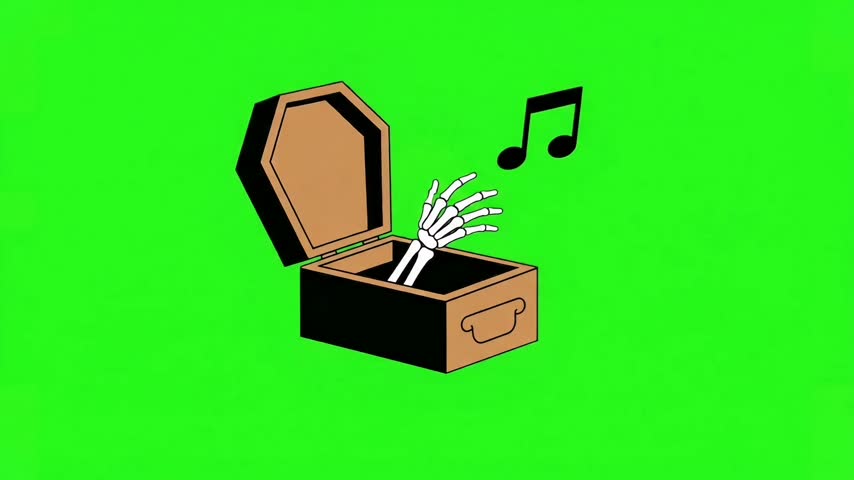 Bony Skeleton Hand Playing Musical Notes from Coffin Box, Spooky Halloween Vector Illustration