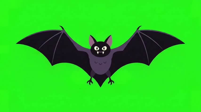 Cute Black Vampire Bat Spreading Wings, Halloween Flying Bat Character Vector Clip Art on Green Screen