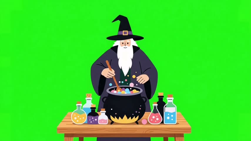 Old Wizard Alchemist Brewing Magic Potion in Cauldron, Spooky Halloween Character Vector Illustration