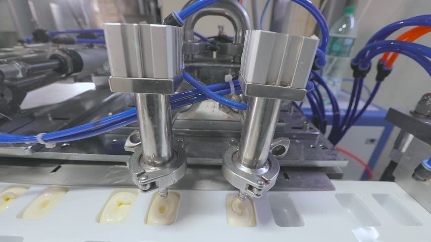 Close-up of an automated industrial liquid and sauce filling machine dosing mayonnaise into plastic portion cups dip pot on a conveyor belt. Filling mayonnaise into individual plastic containers on a filling line. Production of mayonnaise and thick white sauces.