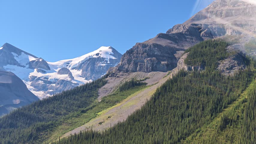 Maligne Lake mountains feature snow-capped peaks and coniferous forests, creating a rugged wilderness landscape under a clear blue sky in Jasper National Park, Alberta, Canada