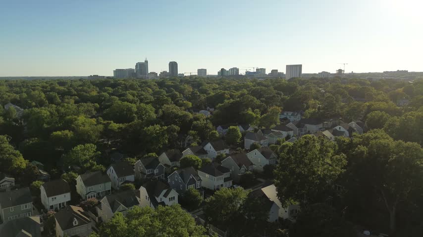 Aerial shot of new downtown homes in Raleigh, North Carolina neighborhood