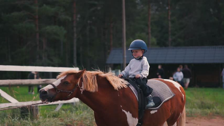 Young child on a pony in a grassy area, wearing a helmet and smiling, with trees and a playground in the background creating a joyful outdoor scene