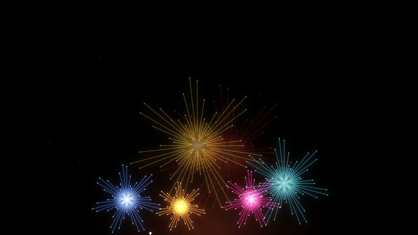 A vibrant digital illustration featuring multiple colorful firework bursts with glowing lines and particles against a dark night sky background.