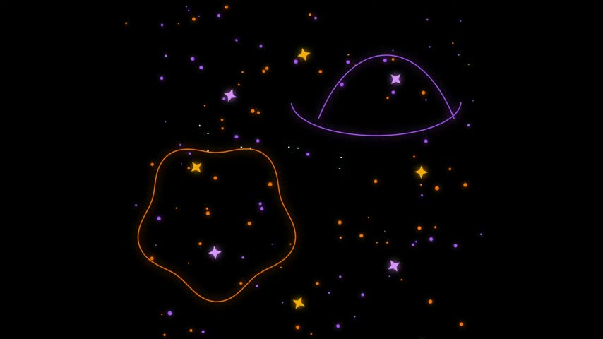 Whimsical vector illustration showing abstract outlined shapes resembling a cloud and a hat surrounded by twinkling purple and orange stars.