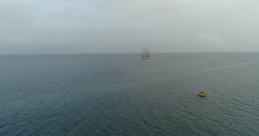 Aerial view of the training ship Buque Escuela Simon Bolivar sailing on the open sea near the Los Roques archipelago in Los Roques, Dependencias Federale, Venezuela.