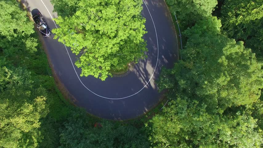 A top-down drone shot of a vehicle navigating a sharp curve on a scenic forest road during summer.