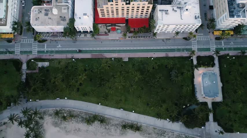 Aerial view of the coastline and urban architecture of Miami Beach, Florida, United States.