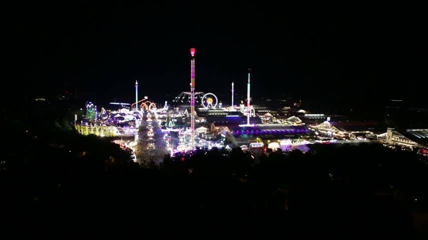 Oktoberfest 2026 Festival Lights and Amusement Rides in Munich, Germany, static shot