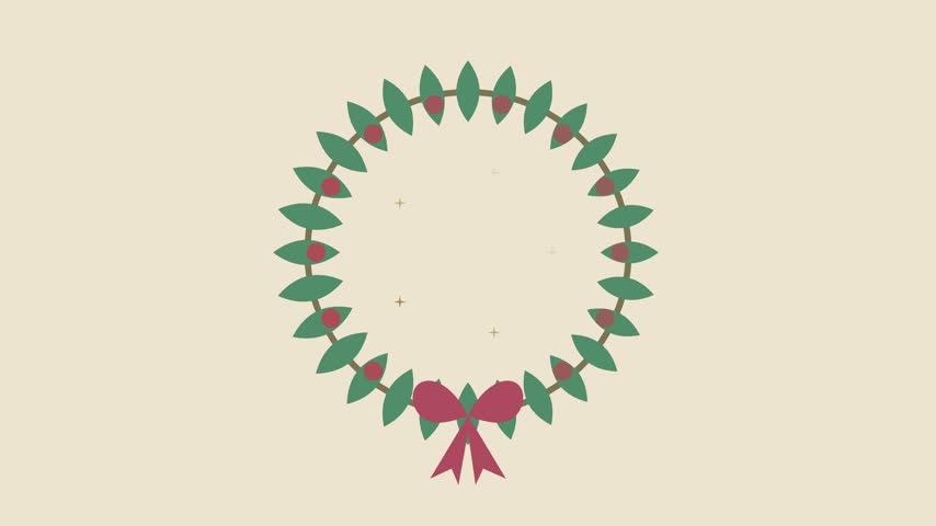 Christmas holly wreath decorated with a large festive bow in a seasonal animation.