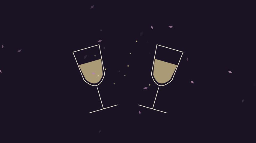 Champagne glasses toast together in a festive New Year celebration animation.