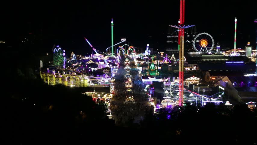 Oktoberfest 2026 Festival Lights and Amusement Rides in Munich, Germany, Zoom and Pan Shot