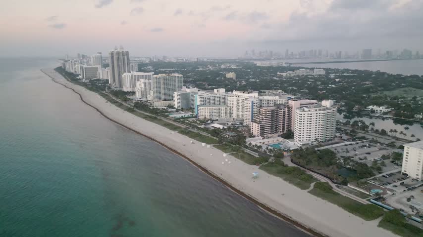 Aerial view of the Miami Beach coastline featuring high-rise hotels and apartments along the sandy shore in Miami Beach, Florida, United States.