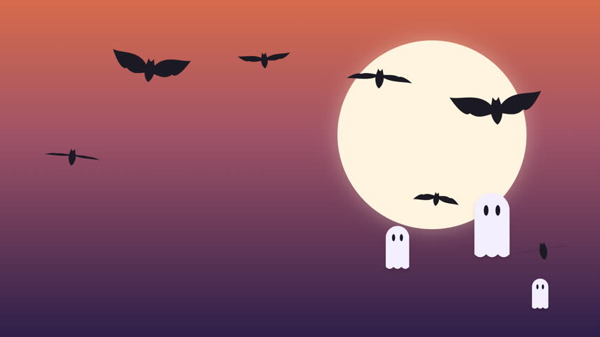 Minimalist Halloween vector illustration featuring a bright full moon, silhouettes of flying bats, and cute ghosts against a gradient night sky.