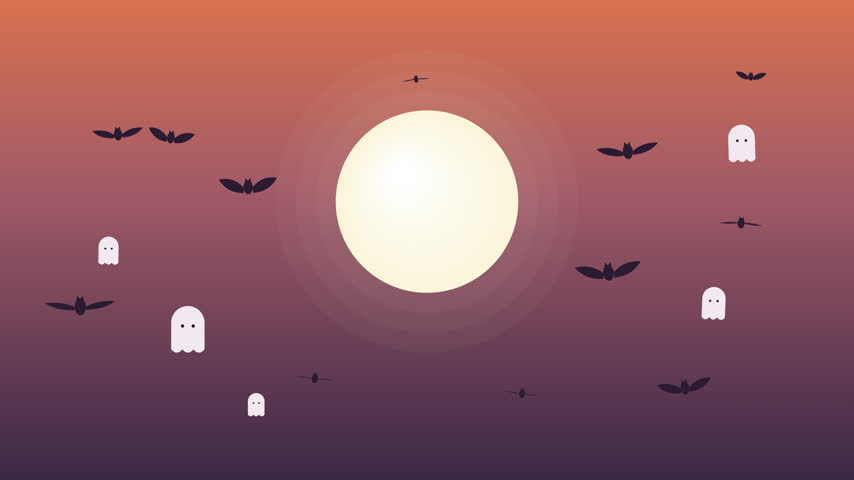 Halloween background with ghosts and bats flying around a full moon