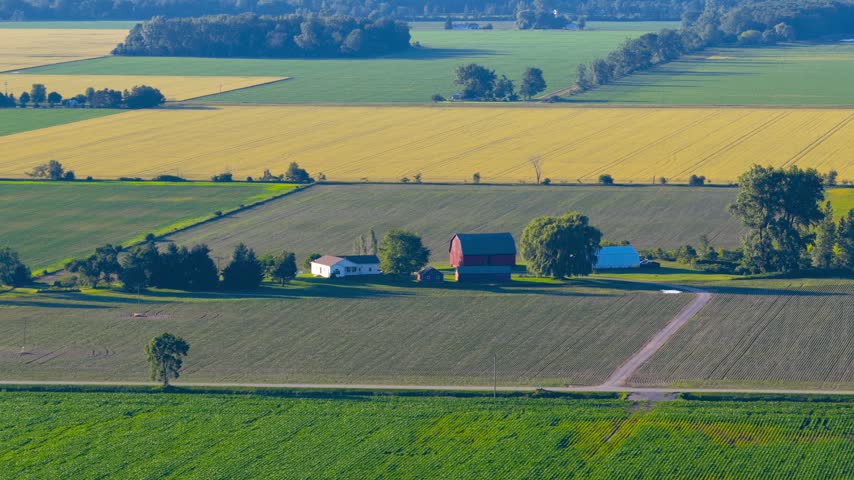 Aerial view of a classic American farm with a red barn surrounded by vibrant green and yellow fields in Michigan.