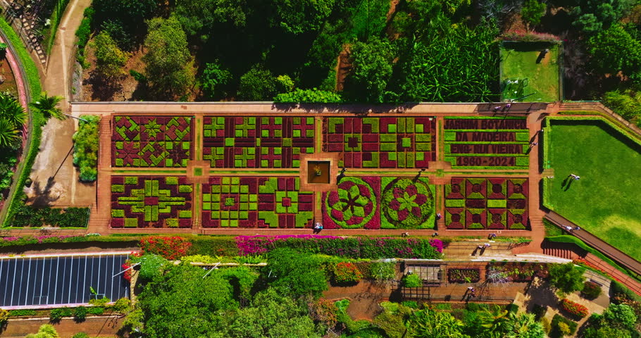 Aerial view of a beautiful flowerbed with a pattern of blooming flowers, created by human hands in a botanical garden
