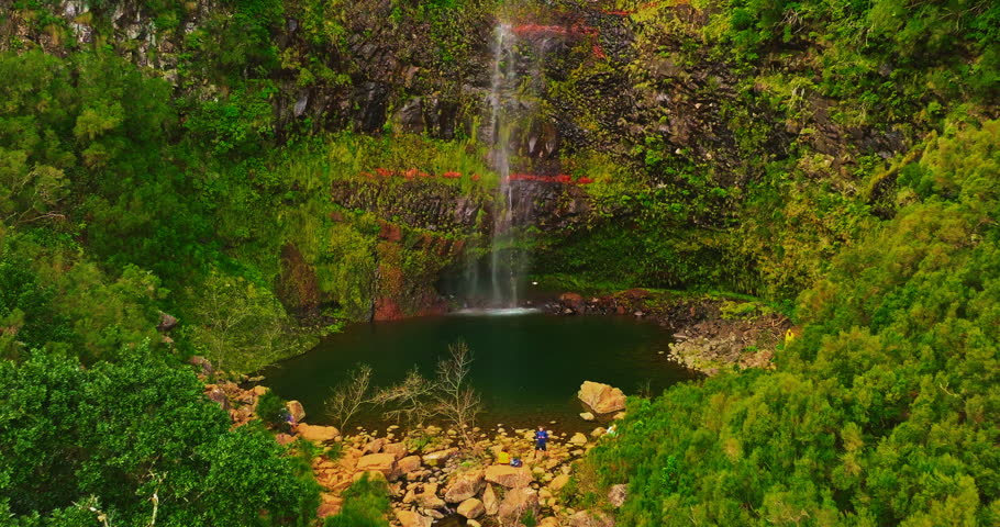Aerial view of an incredibly beautiful, tall waterfall