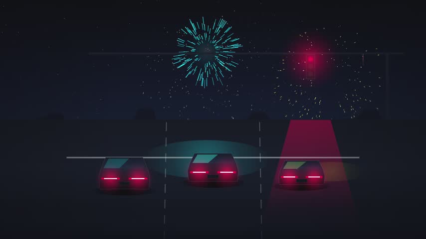 Flat vector car illustration with fireworks for holiday marketing
