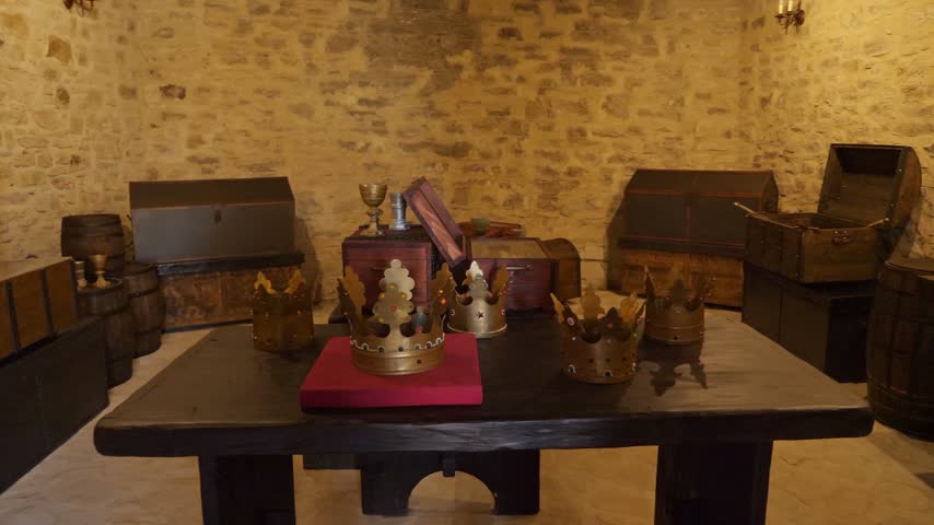 Interior view of a medieval exhibition inside Suceava Fortress, Romania, featuring decorative crowns, wooden chests and historical objects displayed in a stone-walled room.