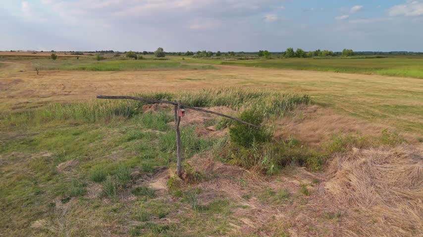 A red birdhouse mounted on a weathered wooden post stands beside reeds and farmland in the flat rural landscape of Újsolt, Hungary, during late summer.