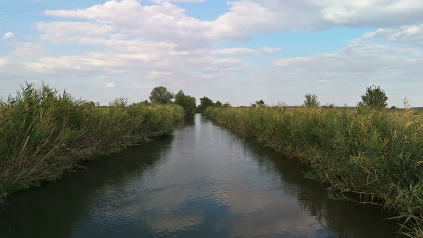 A narrow reed-lined freshwater canal flows through lowland countryside near Újsolt, Hungary, with rippling water, scattered trees and a partly cloudy summer sky.
