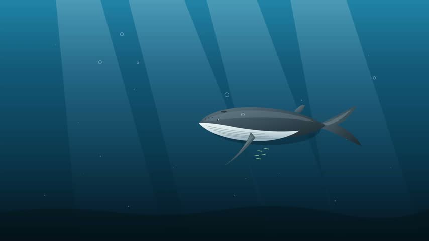 An animated humpback whale swimming gracefully through deep dark blue ocean waters with light rays filtering from above.