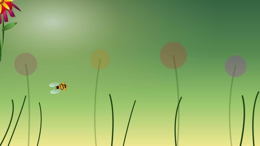 A cute cartoon bee flying through a green meadow with dandelions and flowers in this simple 2D motion graphic animation.