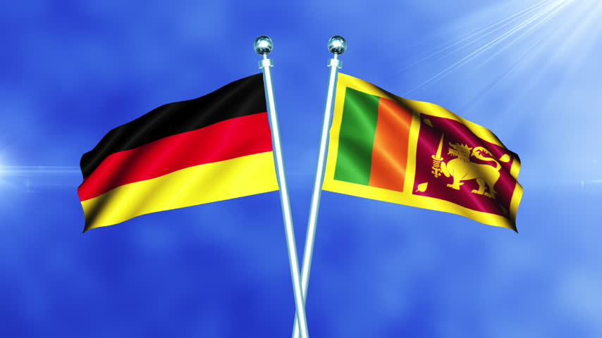 Germany and Sri Lanka flag relations concept with crossed national flags waving on pole loop against a bright cloudy sky