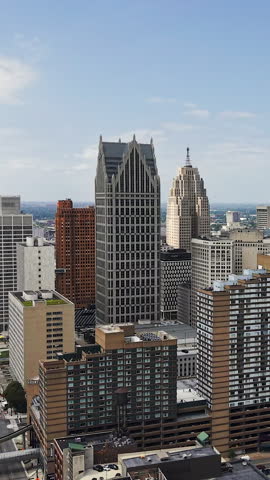 Vertical Drone View of Downtown Detroit Michigan USA Towers and Buildings