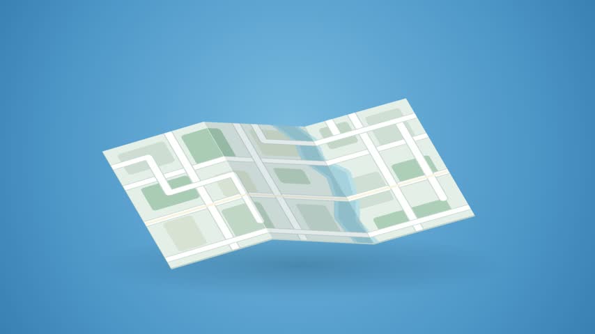 A folded paper map with a route and a red GPS pin marker animates, illustrating navigation, travel, and location services.