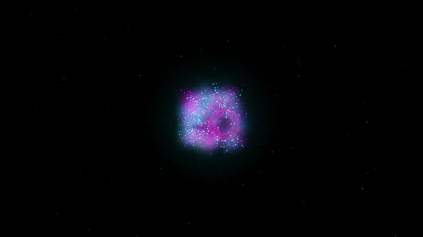 A glowing cosmic nebula filled with pink and blue light particles and a faint geometric star pattern in deep space.