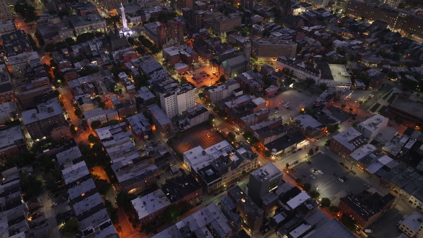 Aerial view of downtown Baltimore at night. Shot during the summer.