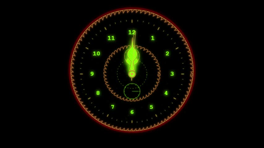 A stylized digital clock interface featuring a glowing green circular design with hour markers and hands set to twelve o