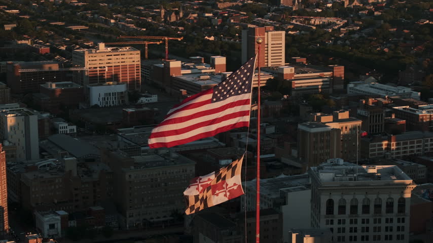 Aerial view of Downtown Baltimore at sunset