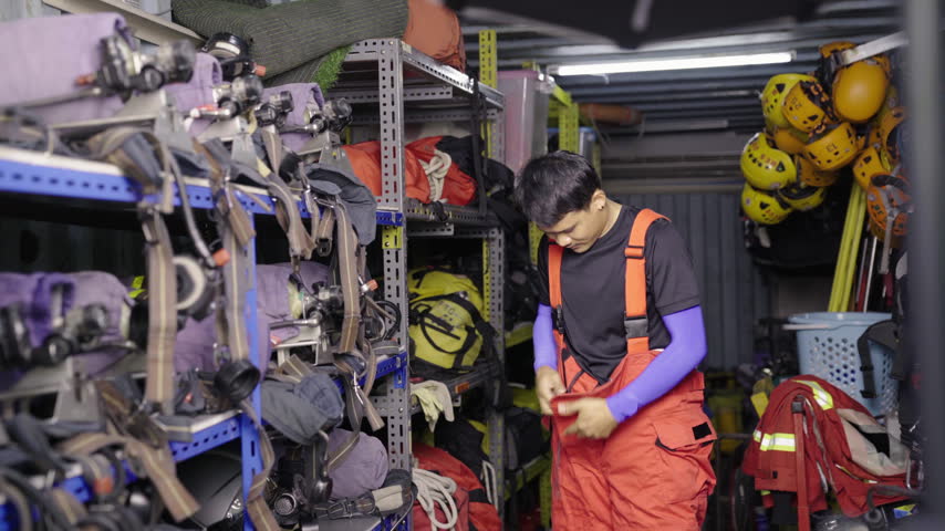 Asian rescue worker putting on orange protective jumpsuit, preparing for emergency response surrounded by helmets and rescue gear inside station equipment room.