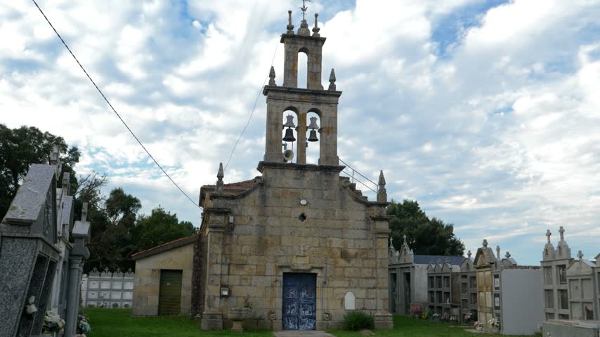 Historic Nuestra Senora de los angeles stone church in Toen, Ourense, Galicia, Spain, angled sideview