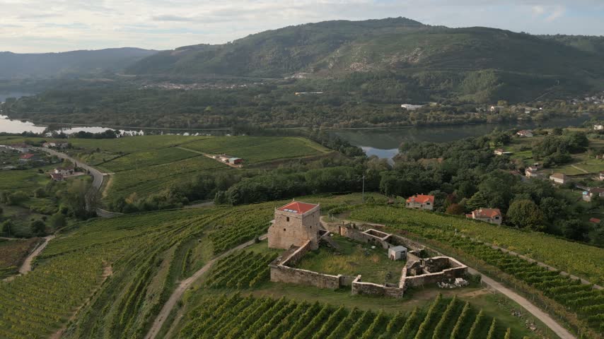 Torre de Puga amid farmland and rolling hills in Toen, Ourense, Galicia, Spain, aerial