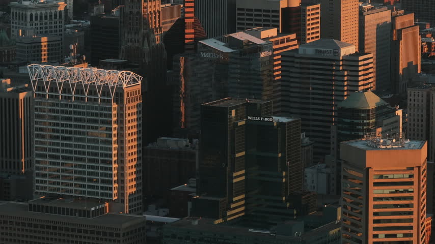 Aerial view of Downtown Baltimore at sunset