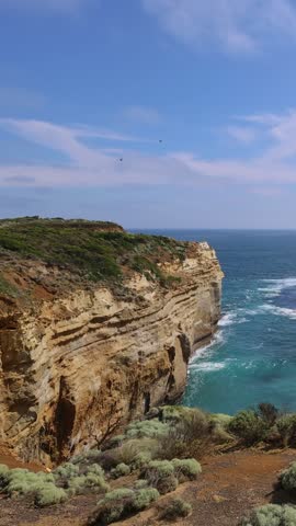 Panoramic view of Tom and Eva limestone rock stacks off Loch Ard Gorge on the Great Ocean Road coast Victoria Australia, Twelve Apostles National Park