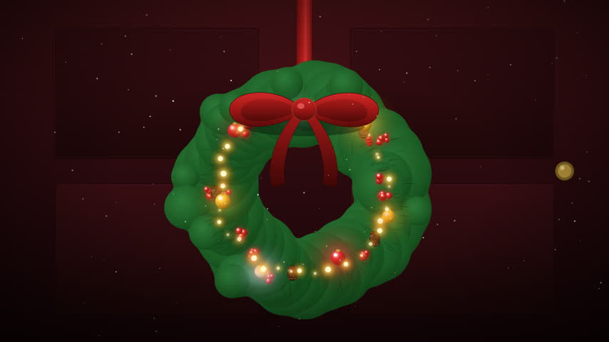 Elegant Christmas wreath on a dark wooden door with red ribbon, evergreen foliage, red berries, golden pinecones, ornaments, a large red bow and twinkling fairy lights. Gentle sway. Seamless 4K loop.
