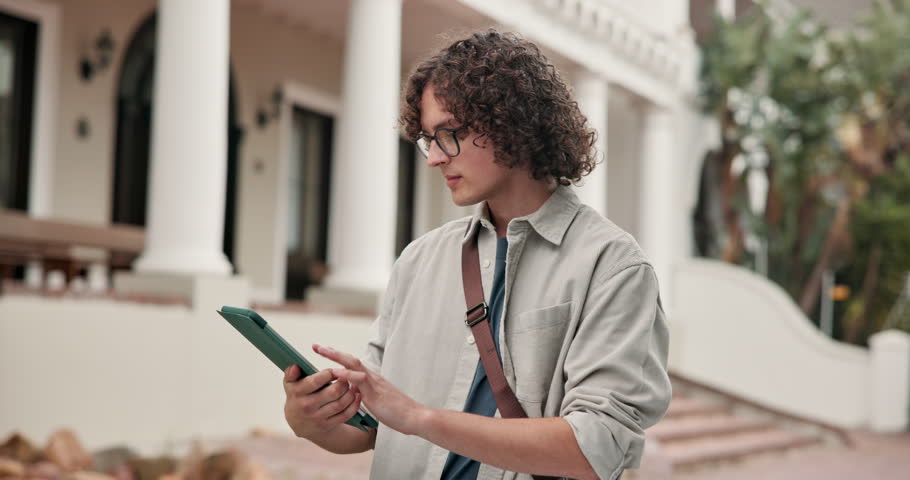 Man, student and outdoor with tablet for education, online and smile for class registration app. Academic, tech and scroll on campus for schedule, scholarship requirements and happy for opportunity