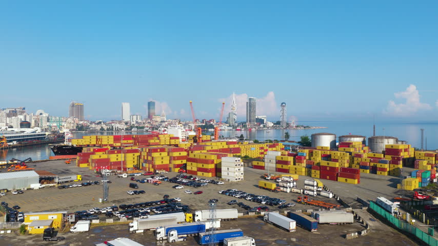 Batumi International Container Terminal With Intermodal Cargo Along The Black Sea Coast In Batumi, Georgia. Aerial Drone Shot