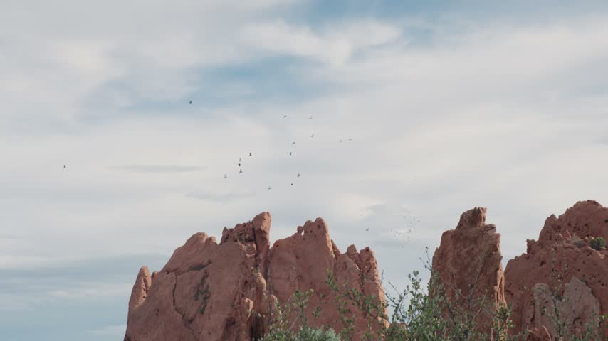 Birds flying in slow motion over the rock formations in Garden of the Gods national park in Colorado Springs