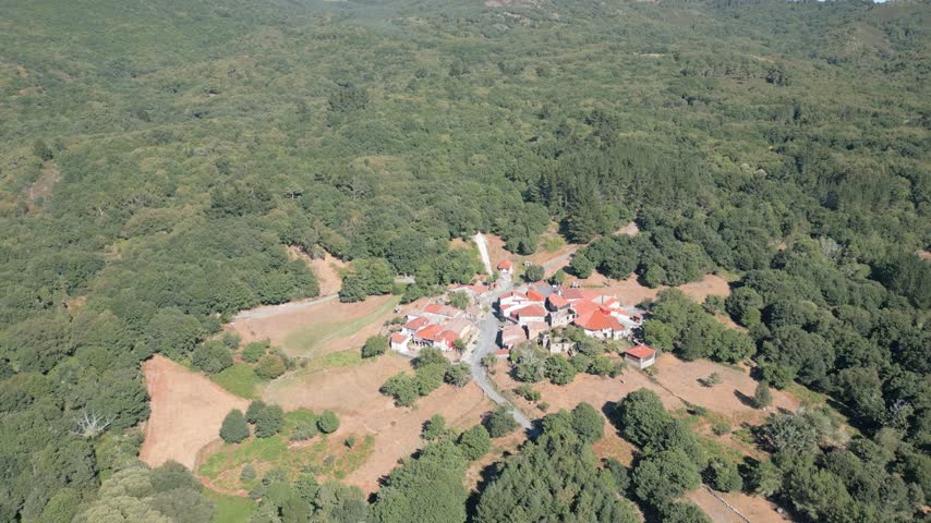 Compact village of Requeixo with red-roofed homes amid fields and dense surrounding woodland, aerial