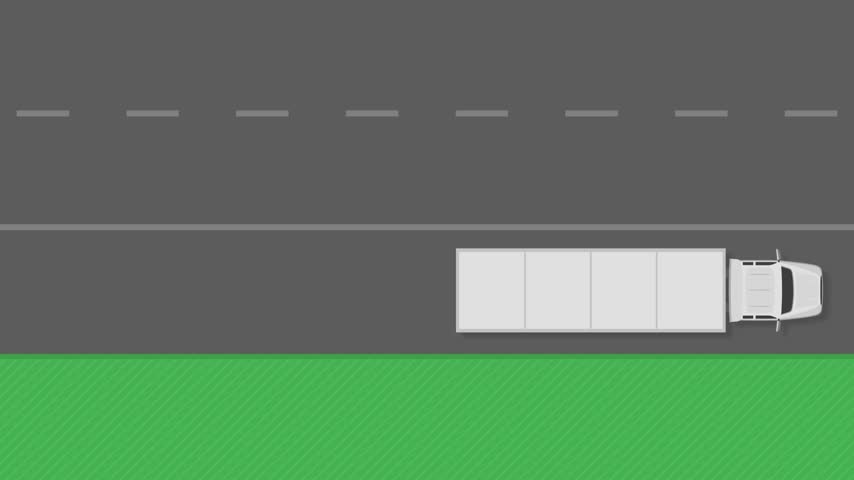 Flat vector animation of a truck stopped on the highway shoulder with hazard lights flashing and emergency warning triangles placed at 10, 100, and 200 feet behind it. Road safety and traffic rules.