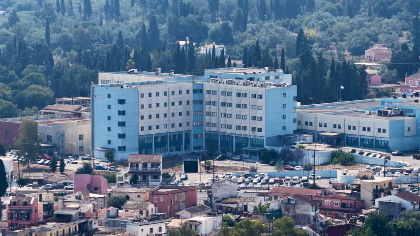 Aerial view of the General Hospital of Corfu Agia Irini, a large modern public healthcare medical building complex in Greece