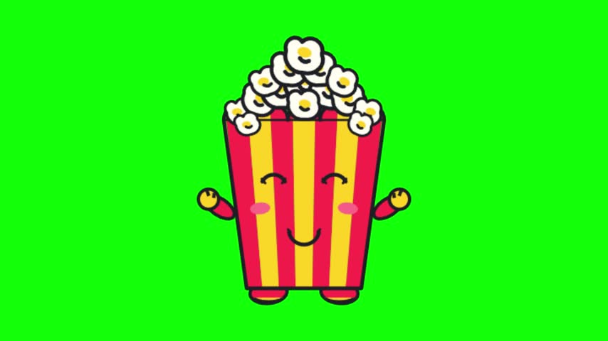 Cute animated popcorn character with funny facial expressions, smiling and celebrating with flying popcorn pieces. Colorful flat vector doodle style with a playful cinema snack theme, isolated on green screen background. Suitable for movie, cinema, entertainment, food, children