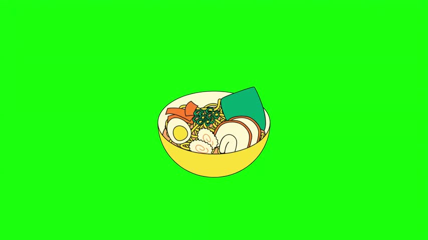 Japanese ramen bowl with noodles egg and toppings vector illustration isolated on green screen.   