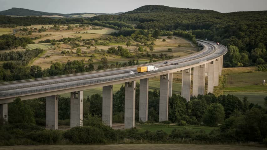 Elevated highway bridge spans across green hills with vehicles traveling above. Surrounding landscape features trees and open fields under natural daylight.